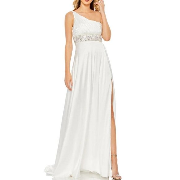 Mac Duggal White Pleated One Shoulder Beaded Waist Gown